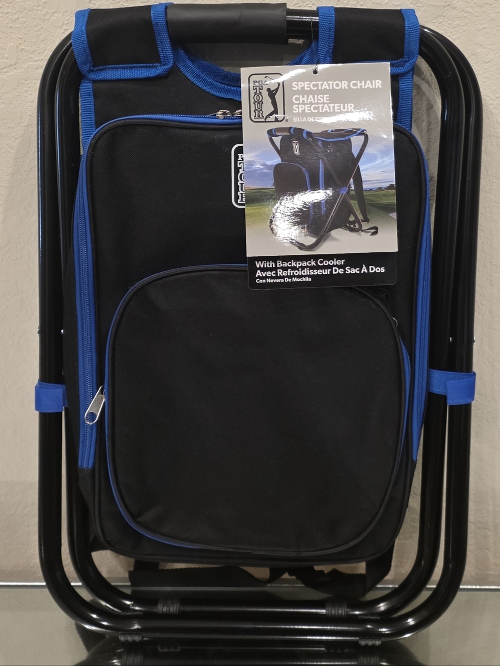 The Ultimate PGA Spectator Backpack Cooler Chair - Black with Blue Trim